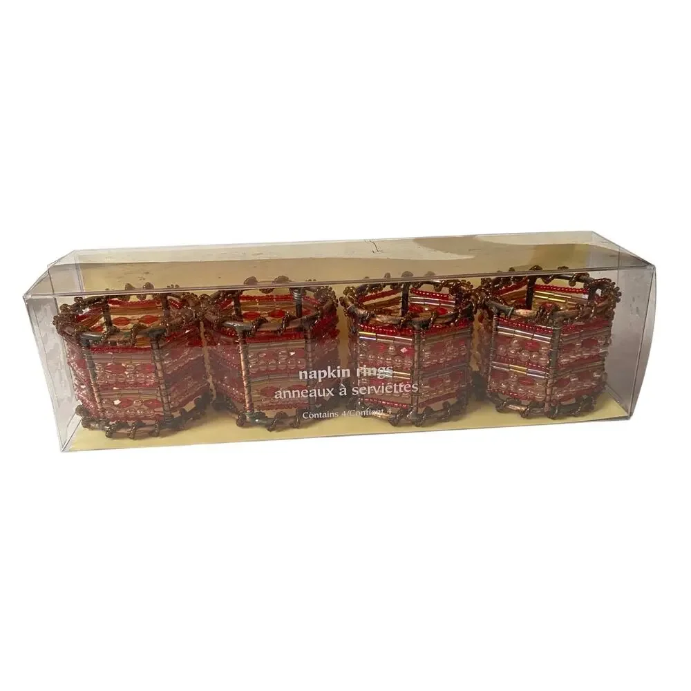 Pier 1 Beaded Napkin Rings Set of 8 Red Copper Moroccan Boho Table Decor